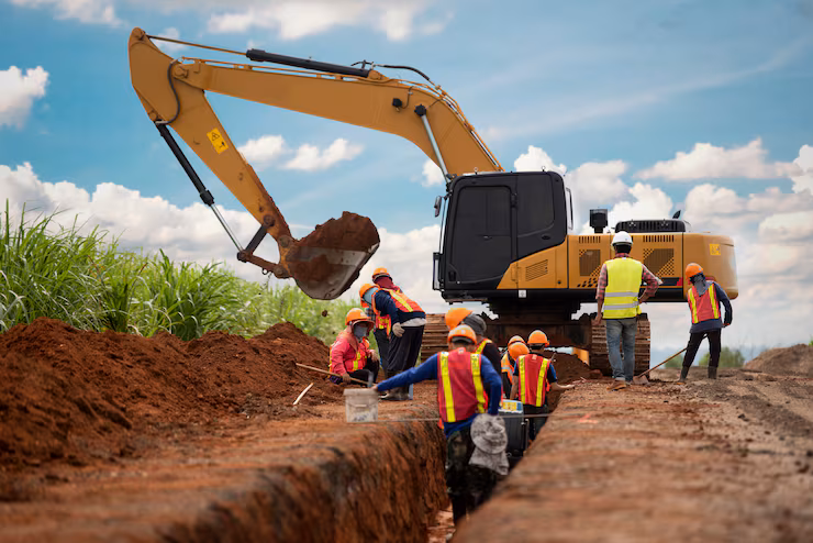 Advanced machinery used for farmhouse land development in Nashik including excavator